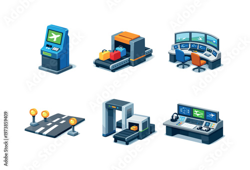 AirportTechnology. Isometric flat vector icons set of AirportTechnology: automated check-in kiosk, baggage handling system, airport control room, runway