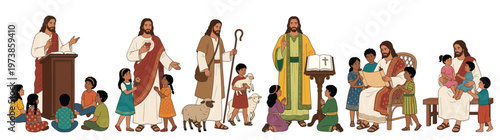 Colorful flat vector illustration set of Jesus Christ interacting with and teaching children featuring scenes of the Good Shepherd and Bible stories isolated on white background for Sunday school