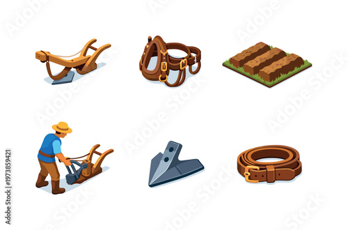 Traditional plowing. Isometric flat vector icons set of traditional plowing: wooden plow, horse harness setup, plowed soil rows, farmer guiding plow, iron plow