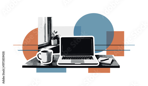 Black and white cozy workspace scene with laptop on desk near a window, simplified retro photographic texture, layered with soft circular shapes and geometric