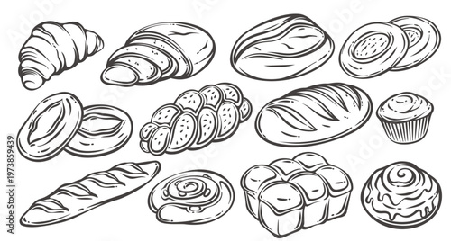 Bakery bread and pastry collection with croissant, baguette, sliced loaf, muffin, cinnamon roll, sweet bun and artisan breads. Retro outline bakery set, monochrome vector illustration.