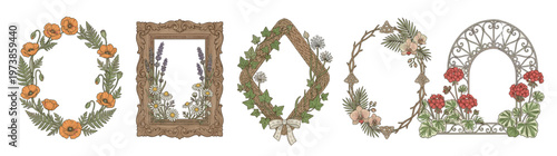 Set of vintage botanical frames and floral wreaths with poppies roses lavender and ivy illustrations for wedding invitations and greeting card design isolated on white background element