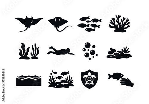 Underwater Wildlife. Solid icon set of Underwater Wildlife: manta ray, stingray, fish school, coral, sea plants, swimmer silhouette, bubbles, ocean floor, open