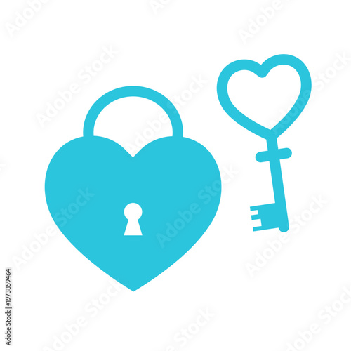 Heart shaped lock and key. Isolated on white background. Blue icon