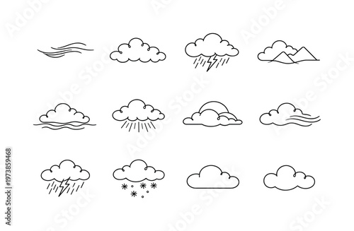 Atmospheric Cloud Collection. Minimalistic set one-line drawing thin cirrus streak, puffy cumulus cluster, dense storm cloud, cloud over mountains, cloud over
