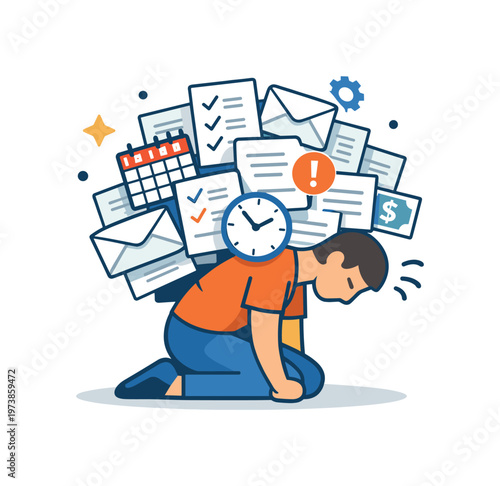Adulting burnout concept expressing exhaustion from routine obligations, shown through a calm human figure weighed down by lightweight but numerous paperwork