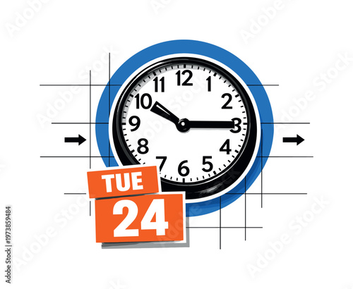 Black-and-white retro wall clock as the central object, subtle white outline cut-out effect around the clock, bold electric blue circle behind symbolizing