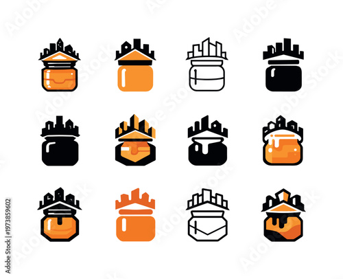 urban beekeeping. Icon set. Set Logo of urban beekeeping: jar of honey with rooftop icon. harmonious logo variations of the same emblematic concept, each with