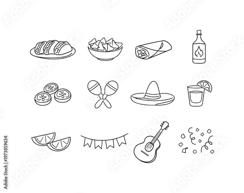 Mexican Fiesta Dinner. Minimalistic set one-line drawing taco trio plate, nacho chips bowl, burrito wrap, hot sauce bottle, jalapeno slices, maracas, sombrero