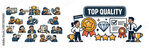 Top quality isometric composition with business excellence icons, award badge, five star rating, certification, and achievement elements for premium service and success design.
