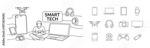 Smart tech line icon composition with digital devices, modern gadgets, home workspace, and connected technology elements for electronics, innovation, and office design.
