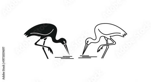 Black and White Crane Bird Silhouette Art Vector