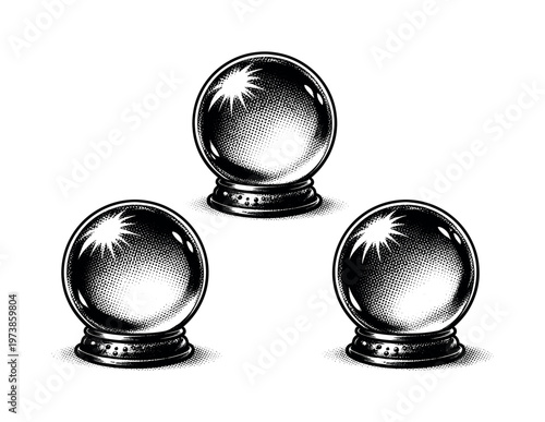 Crystal ball highlight and shadow balance. A realistic crystal ball represented as a single object in three different views, concentrating on contrast between