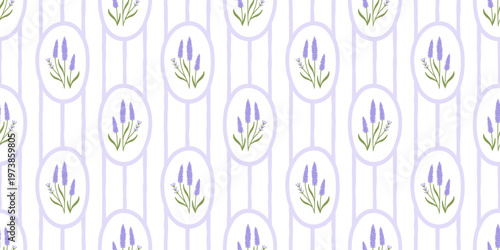 Vintage lavender flower bouquet art seamless pattern illustration. Retro nature floral background in hand drawn style. Spring season garden decoration texture, natural textile drawing print.