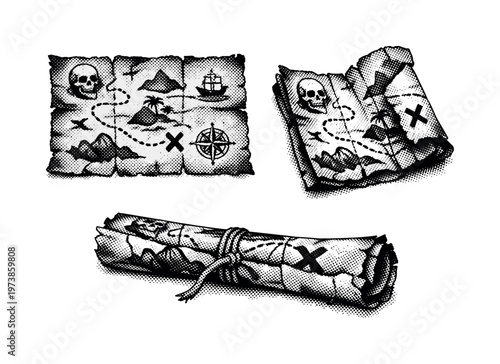 Ancient treasure map. An ancient treasure map shown as a single object in three views highlighting worn edges, irregular folds, and faded cartographic details.