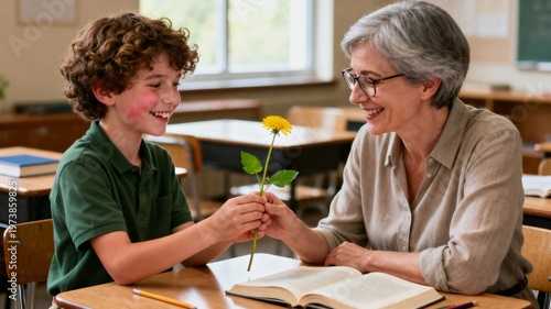 Young boy giving flower to elderly teacher while sitting  at table in classroom  