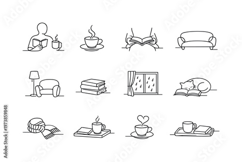 Cozy Reading Moment. Minimalistic set one-line drawing person holding book and mug, steaming cup on saucer, open novel on lap, sofa silhouette, floor lamp