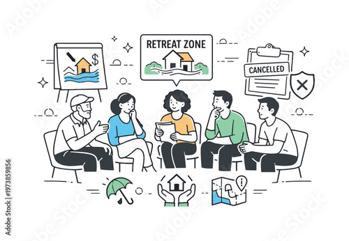 Community impact of retreat zones. Residents discussing rising premiums and lost coverage, shared concern and adaptation, calm group interaction with charts