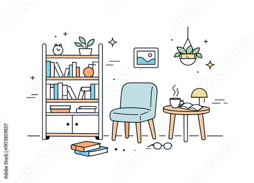 Reading corner. An old bookshelf standing next to a simple chair, calm and thoughtful mood, inviting space for reading and reflection. Minimalist flat vector