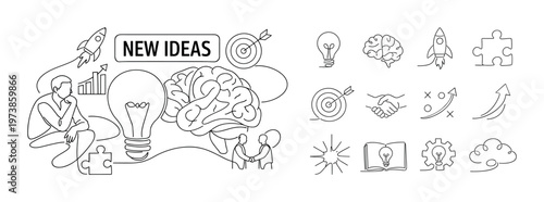 New ideas line icon composition with creativity and innovation symbols, brainstorming elements, light bulb concept, strategy planning, and problem solving theme. Minimal outline collection for inspira