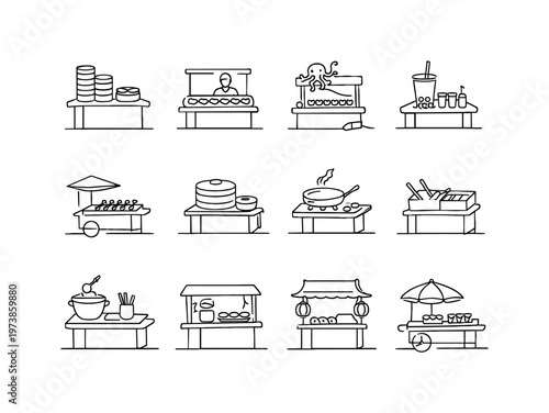 Asian Night Market Food Stalls. Minimalistic set one-line drawing [dim sum basket stall, sushi counter, takoyaki stand, bubble tea kiosk, satay grill cart, bao