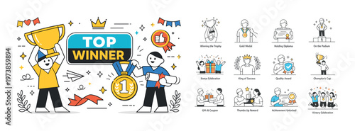 Top winner isometric composition with success and achievement icons, trophy cup, first place award, celebration elements, and business victory concept. Colorful vector-style set for leadership, compet