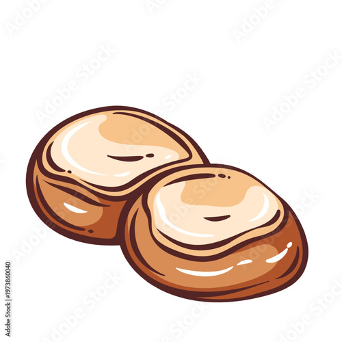 Sweet glazed buns pair, baked bakery pastry with smooth golden crust, soft dough texture and shiny glaze, bakery product symbol for cafe menu branding, vector illustration