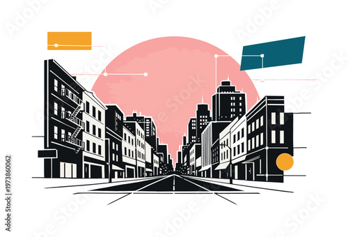 Black and white urban street perspective with buildings receding into depth, layered textured paper effect, large soft pink semicircle rising behind the