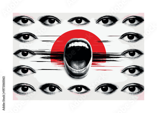 black and white close-up of multiple cut-out eyes repeated in a grid pattern, one exaggerated mouth shouting in the center, large red semicircle behind the