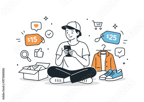 Recommerce lifestyle. A person reselling clothes via a smartphone, calm and mindful consumption, digital marketplace interaction with floating price tags and
