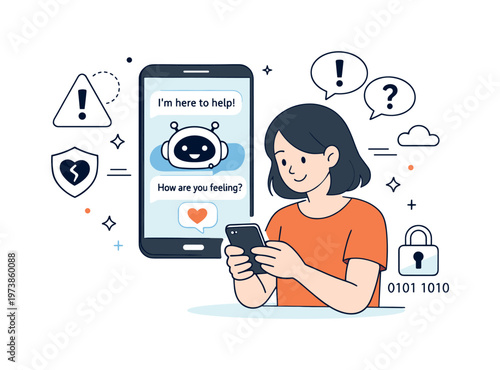 Mental health chatbot risk. Person chatting with a friendly chatbot on a phone, calm interface contrasted with subtle warning icons nearby. Scene suggests