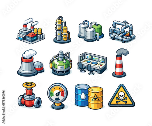 Chemical plant. Colorful isometric vector icons set of Chemical plant: factory building, distillation column, storage tanks, industrial pipes, cooling tower,