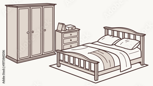 A minimalist line art illustration of a bedroom with a bed, wardrobe, and nightstand