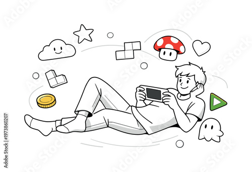 Casual gaming moment. Person relaxing with a console or handheld device, simple game elements drifting nearby. Calm, enjoyable vibe of everyday entertainment.