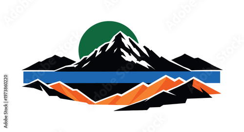 Black and white stylized mountain silhouette in layered perspective, deep green circle intersecting the mid-ground peak, bold blue rectangular strip crossing