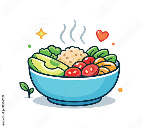 Plant based vegan food centered on a colorful bowl of fresh vegetables and grains with gentle steam lines, conveying nourishment, balance, and mindful everyday