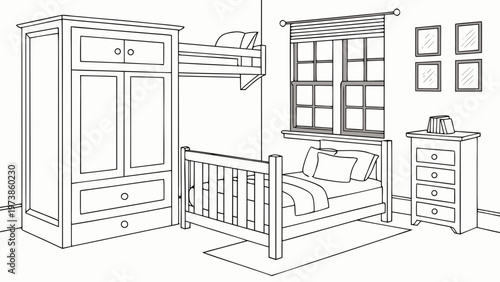 A minimalist line art illustration of a child's bedroom with bunk beds and furniture