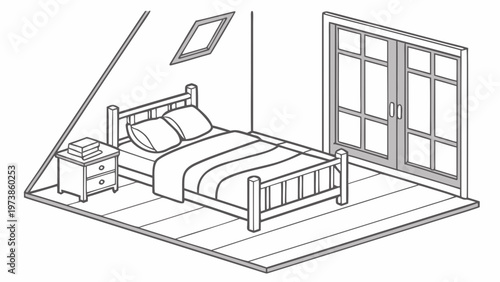 A minimalist line art illustration of a cozy bedroom with a bed and nightstand