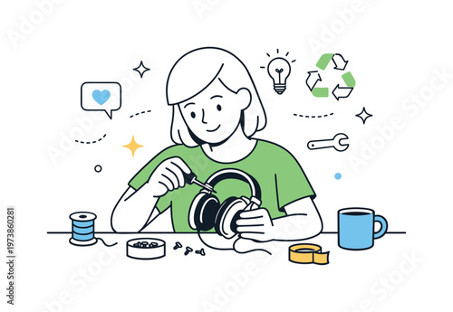Recession core aesthetic. Person repairing or reusing an old item instead of replacing it, focused and calm. Scene represents resourcefulness, patience, and
