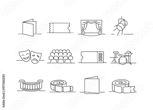 Playbill and Theater Ticket Design. Minimalistic set one-line drawing [folded playbill booklet, theater ticket stub, stage with curtains, spotlight, comedy and