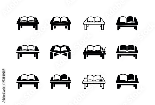 writing desk. Icon set. Set Logo of writing desk: desk with open notebook. harmonious logo variations of the same emblematic concept, each with different