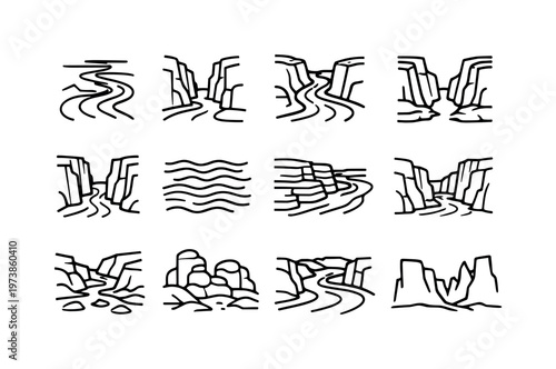 Winding Canyon River. Line icon set of Winding Canyon River: winding river path, deep canyon walls, river bend curve, steep cliff edges, narrow canyon gap,