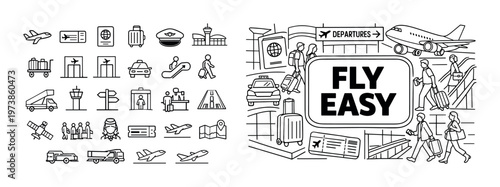 Fly easy line icon composition with air travel symbols, airplane, airport elements, passenger transport, and flight service details for tourism and aviation design.

