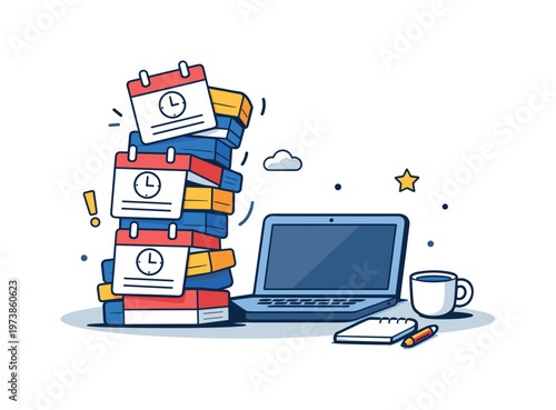 Meeting debt overload weighing down daily work as stacked calendar blocks pile up on a desk beside a laptop, creating a clear metaphor of time consumed by
