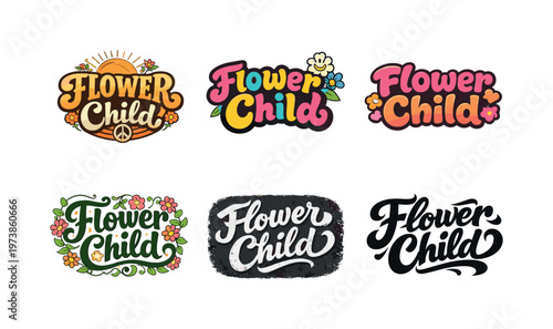 Flower Child. Set lettering. harmonious lettering variations of the same emblematic concept, each with different artistic interpretation (Retro vintage badge