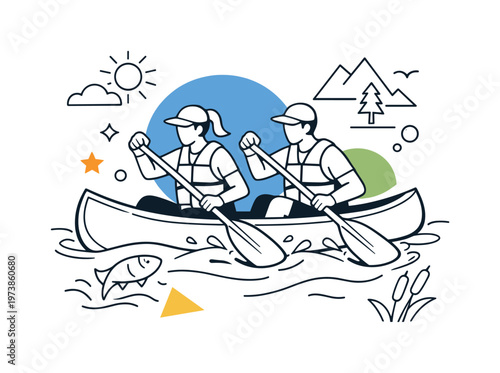 River canoeing. Two people in a canoe moving in sync, paddles dipping into the water, light waves and minimal nature icons around. A sense of teamwork, flow,