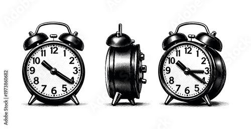 Alarm clock ? classic twin-bell analog alarm clock with round face and metal legs, shown in front view, side profile, and three-quarter angle to define