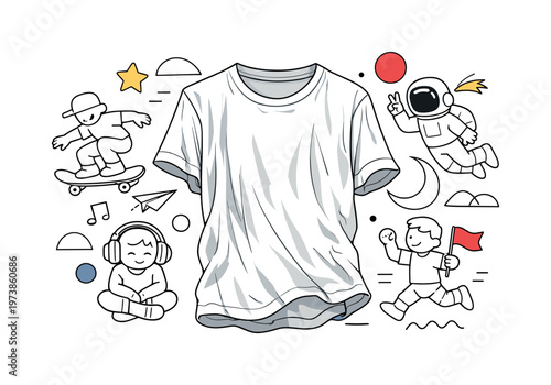 Worn T-shirt. A slightly wrinkled worn T-shirt hanging freely, soft fabric sag and subtle texture lines showing use and comfort. Relaxed, nostalgic mood with