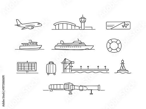 Air and Water Public Transport Network. Minimalistic set one-line drawing [airplane, airport terminal, control tower, boarding pass, ferry boat, passenger
