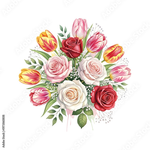 A bouquet of colorful tulips and roses